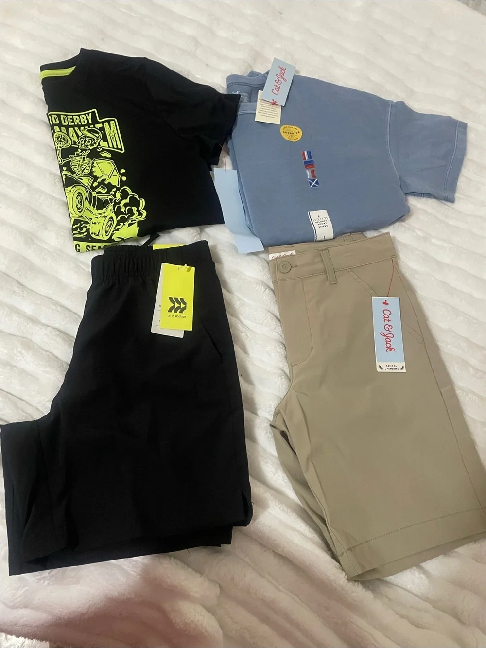 Set of Kids Tops & Shorts - Black Graphic Tee, Blue Tee, Black & Khaki Shorts